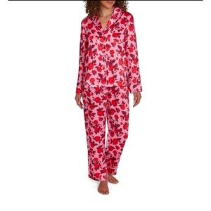 Loft Women’s Size M Pink/Red Floral Satin Notch Collar Pajama Set Shirt Pants
